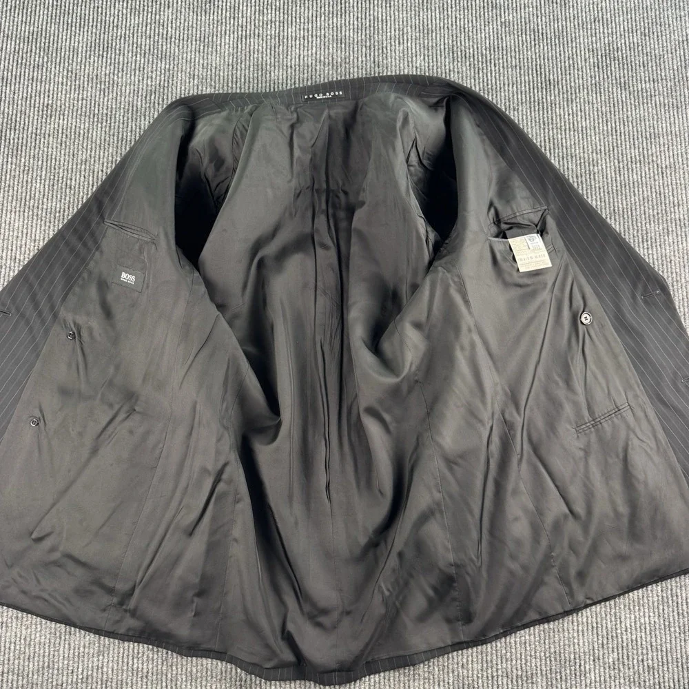 Vintage Hugo Boss Suit Jacket 44L Black Wool Striped Luxury Double Breasted USA